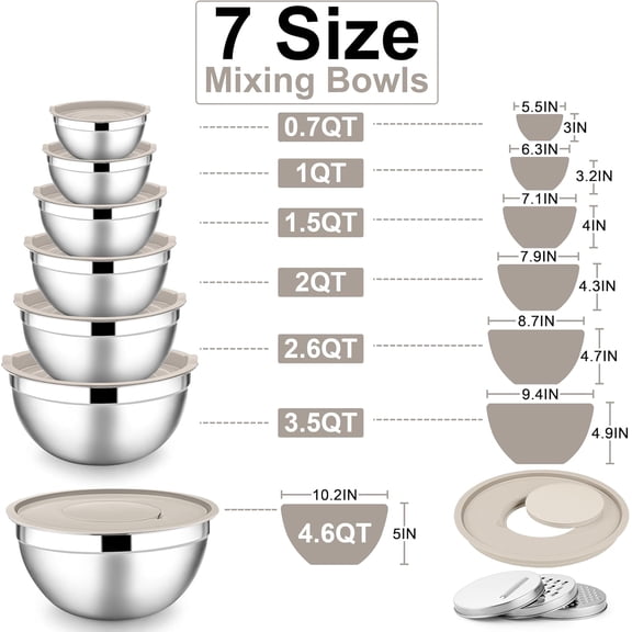 YUYAN-Mixing Bowls with Lids Set, 7-Piece Stainless Steel Metal Mixing Bowls with Grater Attachments, Size 4.6, 3.5, 2.6, 2, 1.5, 1, 0.7QT, Nesting Design & Khaki Airtight Lids, For Cooking/Serving