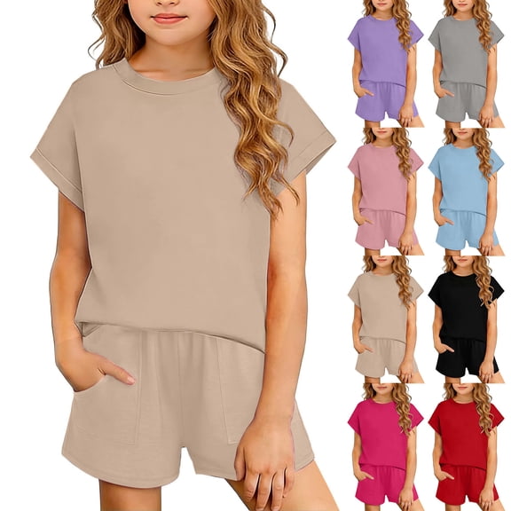 Girls 2 Piece Outfits Set Solid Color Round Neck Short Sleeve Top and Drawstring Shorts Set Summer Casual Loungewear Comfortable Clothing Sets with Pockets