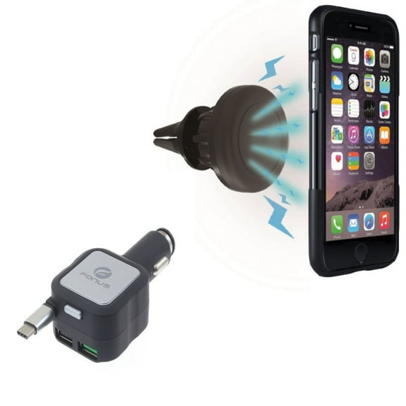 Retractable Car Charger w Magnetic Car Mount for OnePlus 9, Nord N200 5G/N100/N10 5G, Pro Phone - 4.8Amp Type-C 2-Port USB, Air Vent Holder Swivel V8V for OnePlus 9, Nord N200 5G/N100/N10 5G, Pro