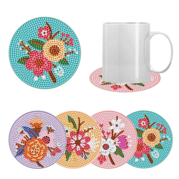 4pcs DIY Diamond Painting Coaster Kit with Vibrant Floral Design and Stand, Perfect for Home Decor and Gift Giving