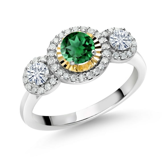 Gem Stone King 925 Silver and 10K Yellow Gold 3-Stone Lab Grown Diamond 3 Stone Women Engagement Ring Nano Emerald Moissanite (0.81 Cttw, Size 6)