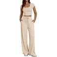 thumbnail image 2 of Two Piece of Workouts Outfits Plus Size Solid-Color Casual Vacation Relaxed Style With Pockets Short Sleeve Neck Blouses Shirts Sets, 2 of 8