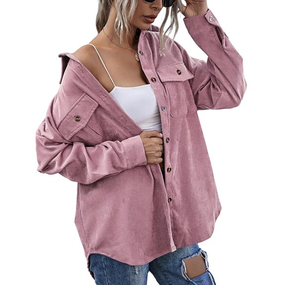 Sunisery Women Juniors Shacket Corduroy Shirt Jacket, Solid Color Lapel Outerwear with Pockets