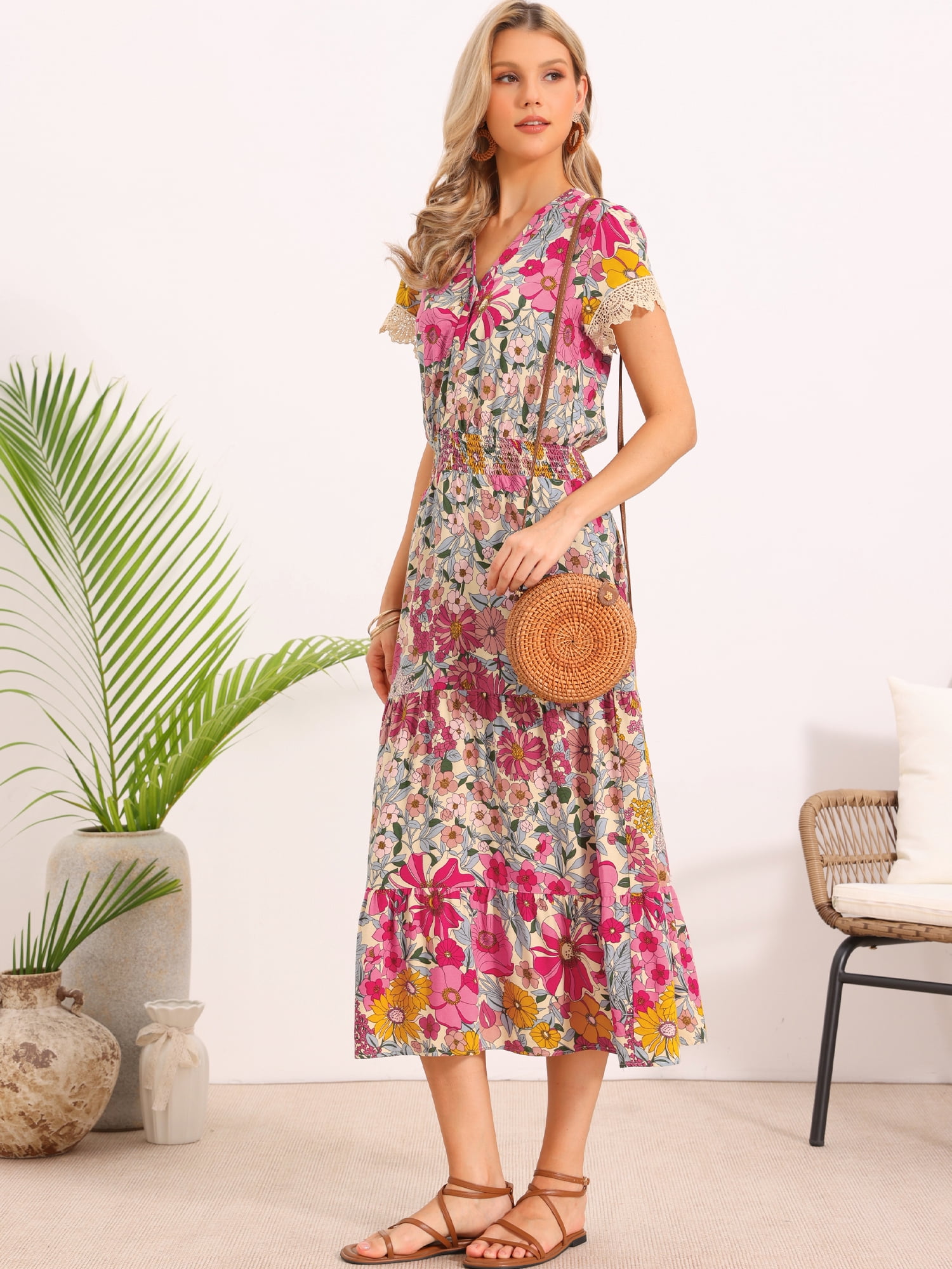 DARING DIVA Women's A-Line Floral Tiered Flowy V Neck Cap Sleeve Maxi Boho Dresses XL Pink