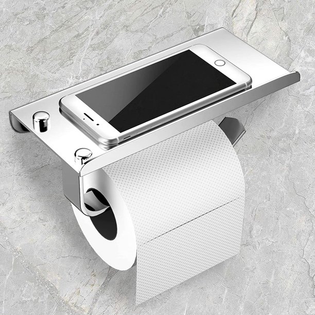Soporte para papel higiénico, soporte para papel higiénico montado en la pared, soporte para papel higiénico de acero inoxidable 304, instalación con tornillos o autoadhesivo 3M con plataforma de almacenamiento LingWen 8390614180611