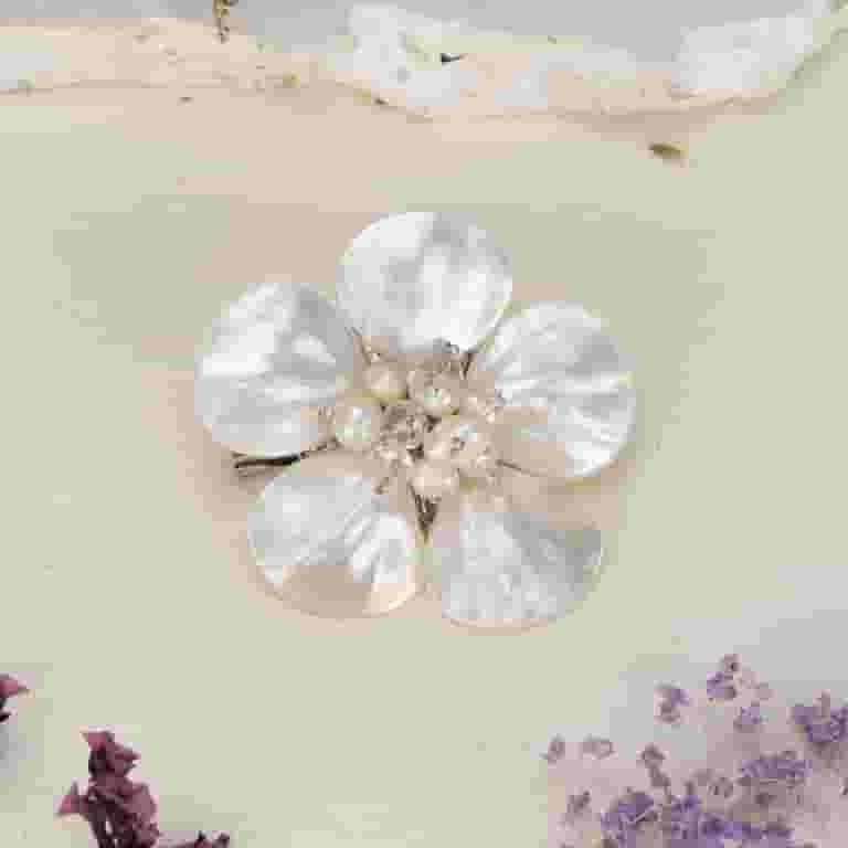 AeraVida Handmade Floral Brooch - Brown Mother Of Pearl, Cultured Freshwater Pearls & Crystal, Elegant Pin
