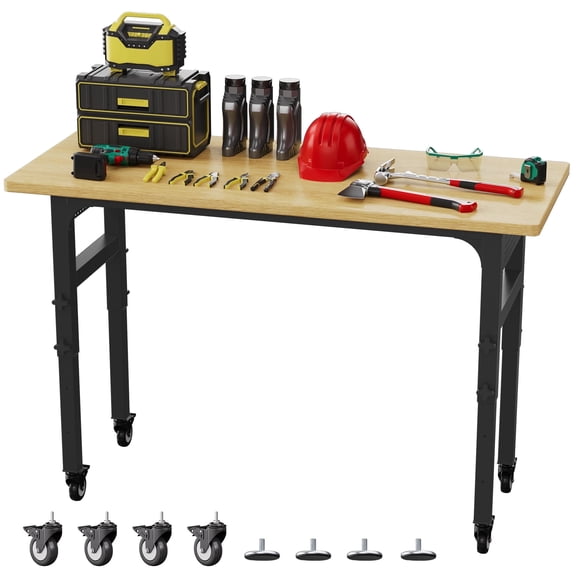 Haverchair 60" Adjustable Workbench, Work Benches for Garage with Pegboard, 2000 LBS Heavy Duty Rubber Wood Tabletop with Power Outlet, Rolling Work Table with Wheels for Workshop, Office