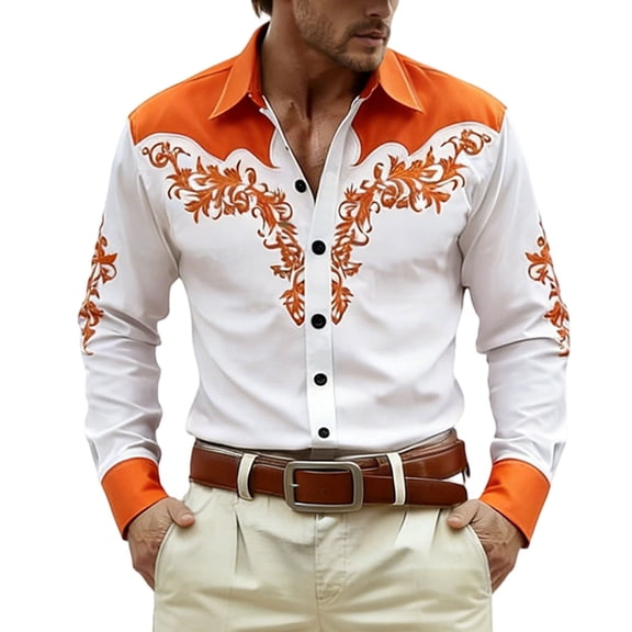 HXWCHs Festival Western Cowboy Shirt Long Sleeve Printed Theme Casual Button Down Classic Fit Men's Shirt XXXL Orange