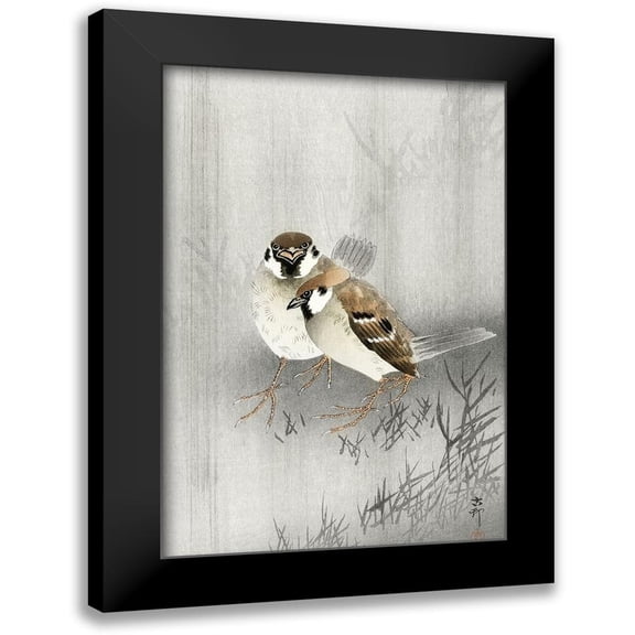 Koson, Ohara 11x14 Black Modern Framed Museum Art Print Titled - Two ring sparrows in the rain