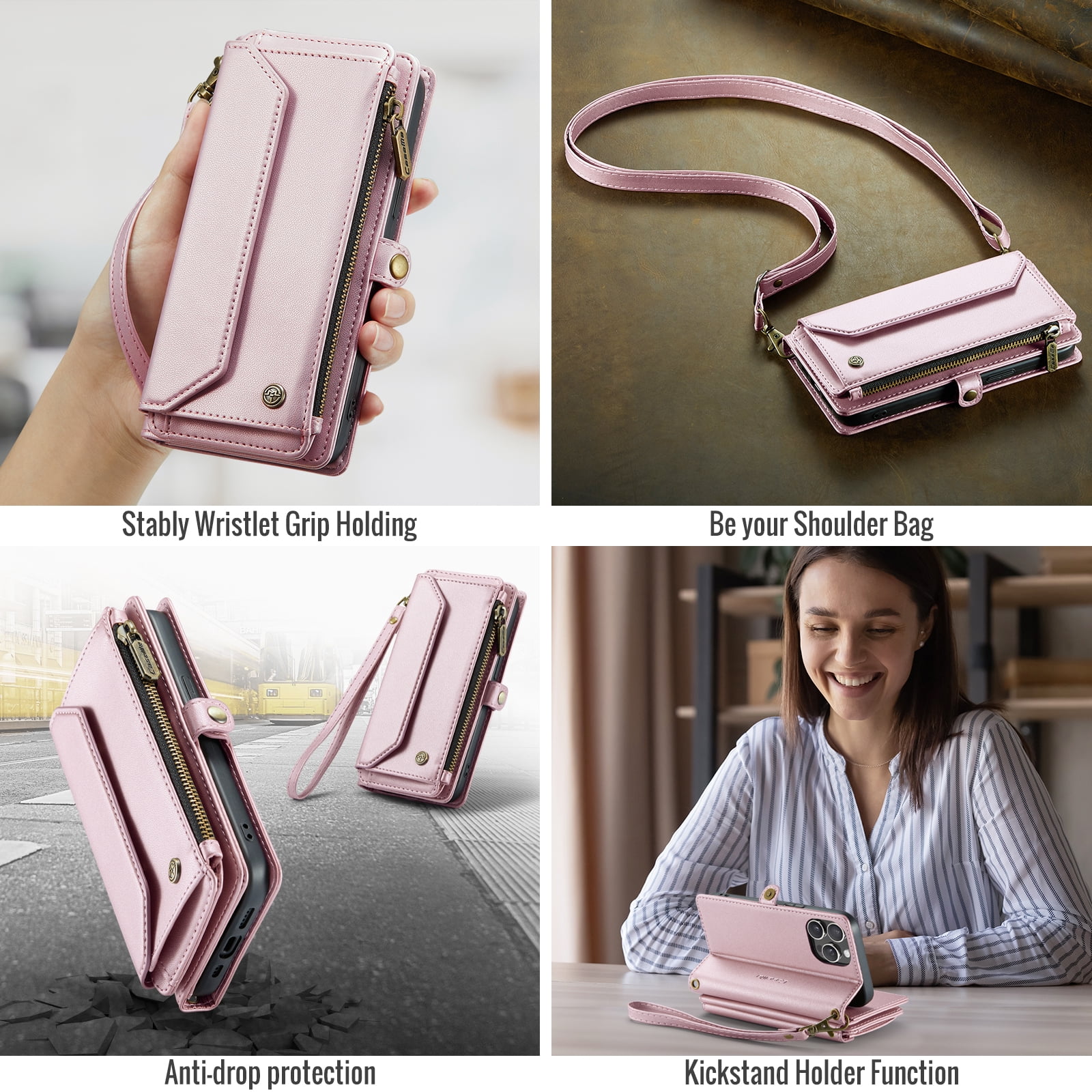ELEHOLD for iPhone 17 Air Wallet Case,Support Wireless Charging PU Leather RFID Blocking Card Holder Kickstand Flip Shockproof Case with Crossbody Wristlet Strap for iPhone 17 Air,Pink
