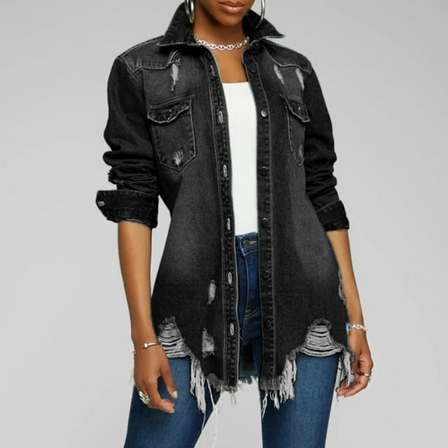 CEHVOM Women's Fashion Street Ripped Mid-length Distressed Solid Slim Denim Jacket