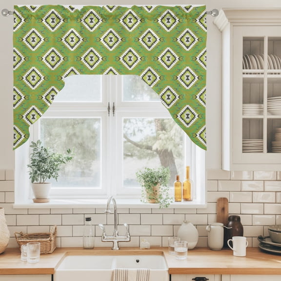 Green Slate Diamonds Swag Curtain Valance for Windows, Abstract Vintage Minimalist Geometric Grid Swag Curtains Drapes Rod Pocket for Kitchen Bathroom Small Window, 1 Panel 56x36in