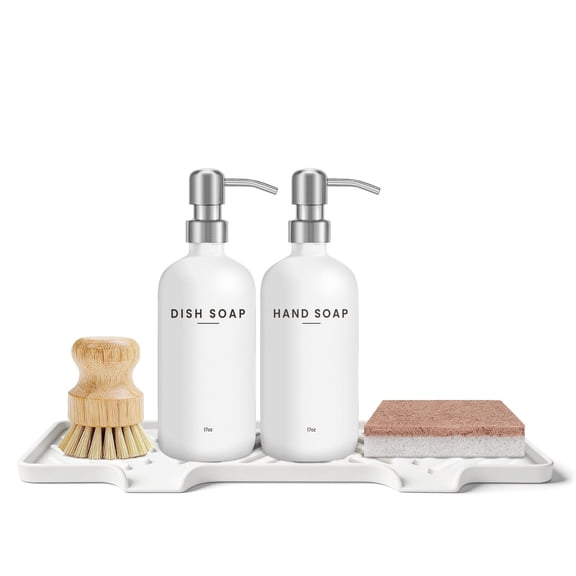 Kitchen Soap Dispenser Set - 17fl oz Glass Bottle, Stainless Steel Pump, Instant Dry Tray and Dish Brush for Bathroom, Office, Hotel, Modern Kitchen Decor & Accessories, Silver