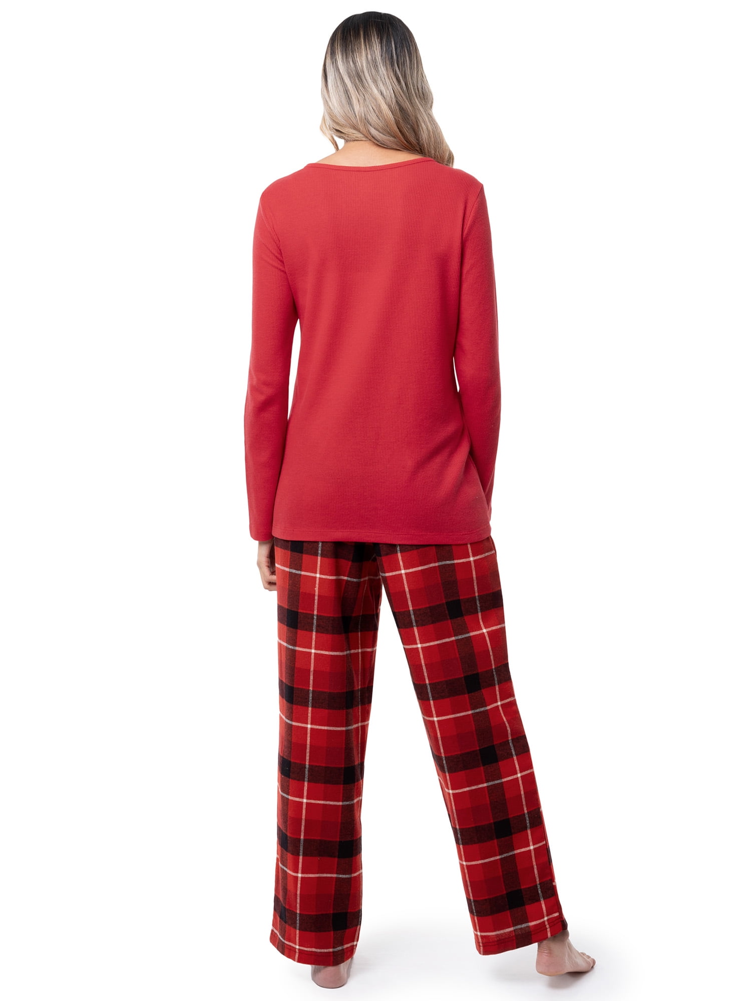 Fruit of the Loom Women's Beyond Soft Long Sleeve Waffle Top and Flannel Bottom Pajama Set, Sizes S-4X