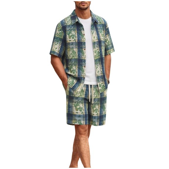 Men's 2 Piece Set Geometric Print Short Sleeve Shirt and Shorts Set Casual Matching Beach Summer Vacation Beach Outfit Green-1 L