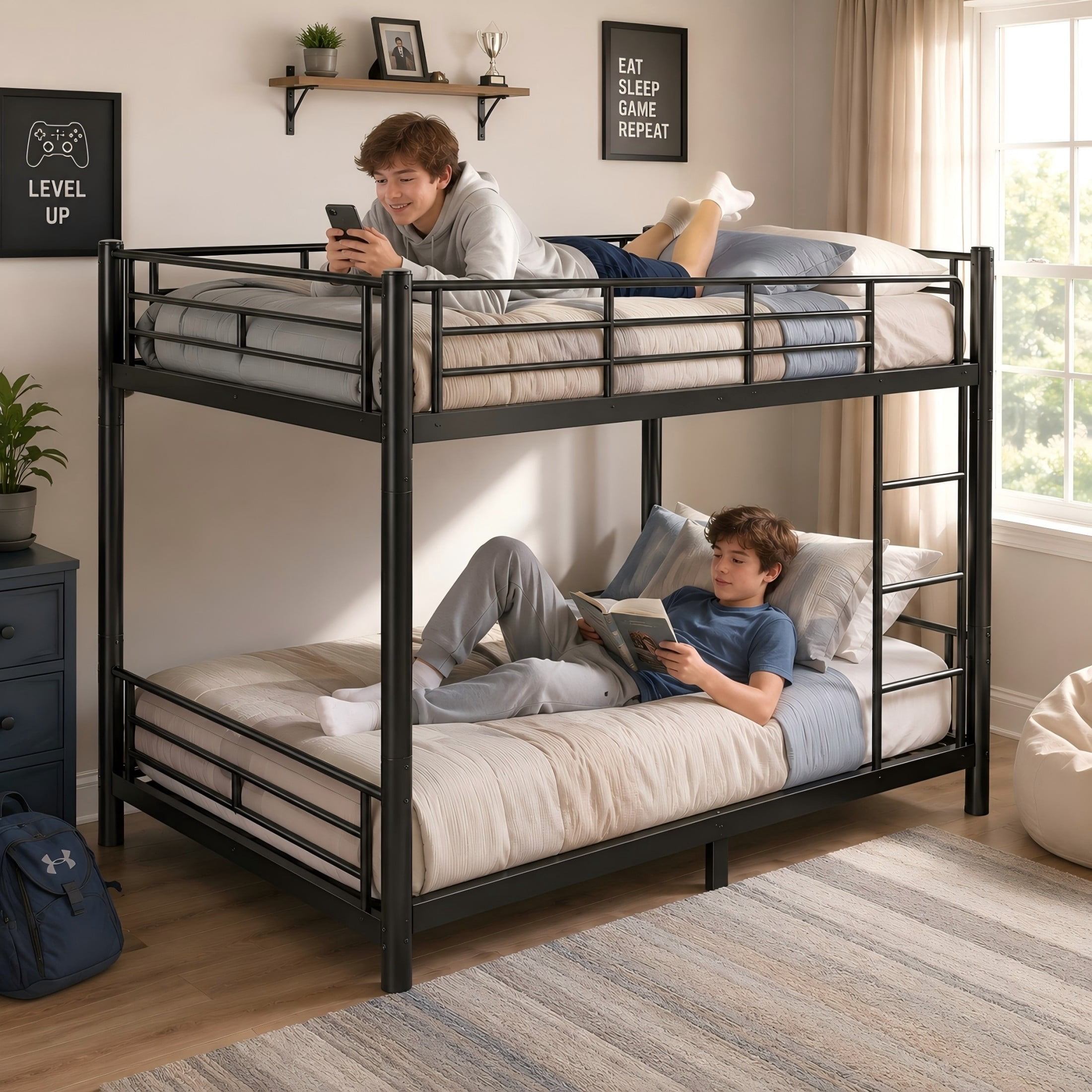 Aukfa Full over Full Metal Bunk Bed, Converts into Two Full Beds, Round Tube Construction & No Box Spring Needed, Black