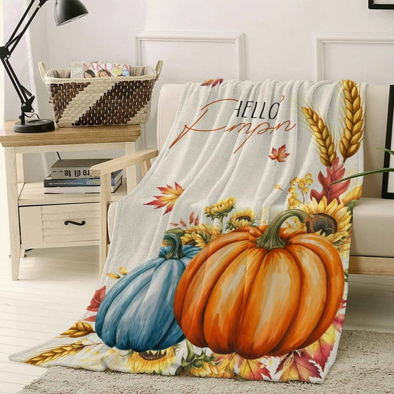 Fall Hello Pumpkin Throw Flannel Blanket 40x50In Blue Pumpkin Sunflower Maple Leaf Super Soft Cozy Bed Blanket, Lightweight Plush Fuzzy Bed Throw for Bedroom Sofa Couch Living Room