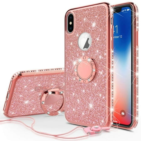 SOGA Diamond Bling Glitter Cute Phone Case with Kickstand Compatible for iPhone Xs Max Case, Rhinestone TPU Bumper with Magnetic Ring Stand Girls Women Cover for Apple iPhone Xs Max 6.5 [Rose