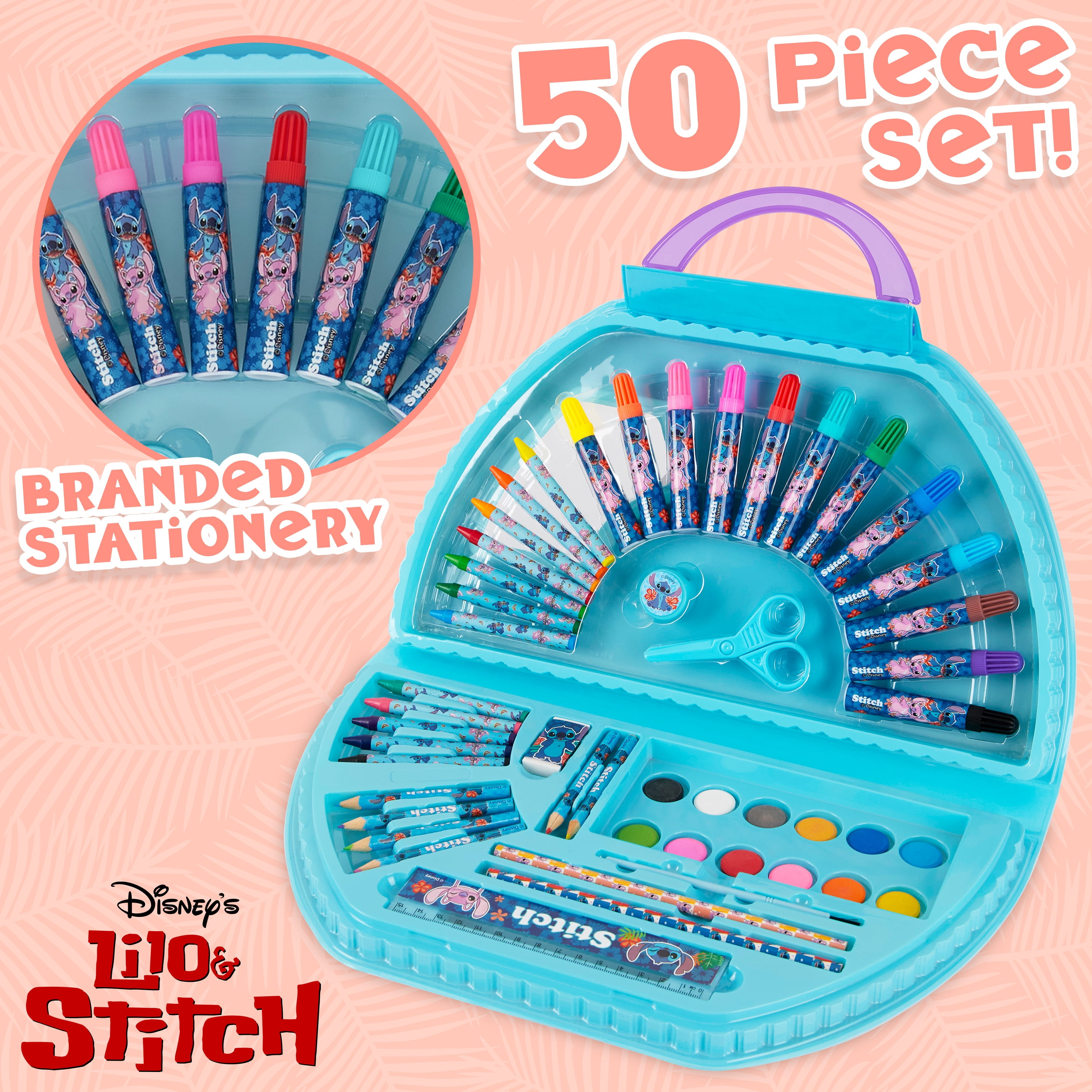 Disney Stitch Kids Art Set 40 Plus Pieces Colouring Pencils Markers Crayons