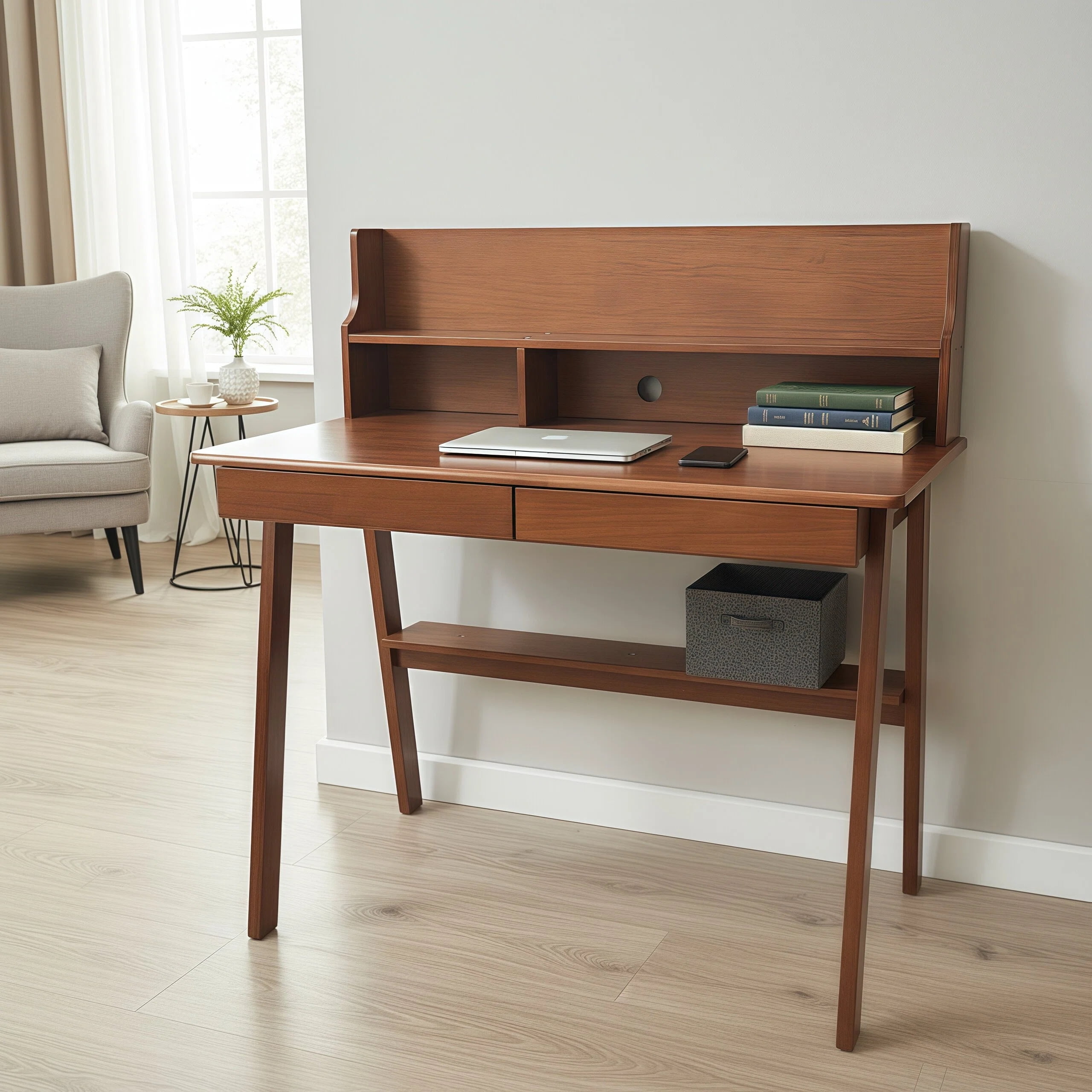 Desk Writing Computer Desk Mid Century Modern Home Office Table with Drawer for Bedroom, Solid Wood