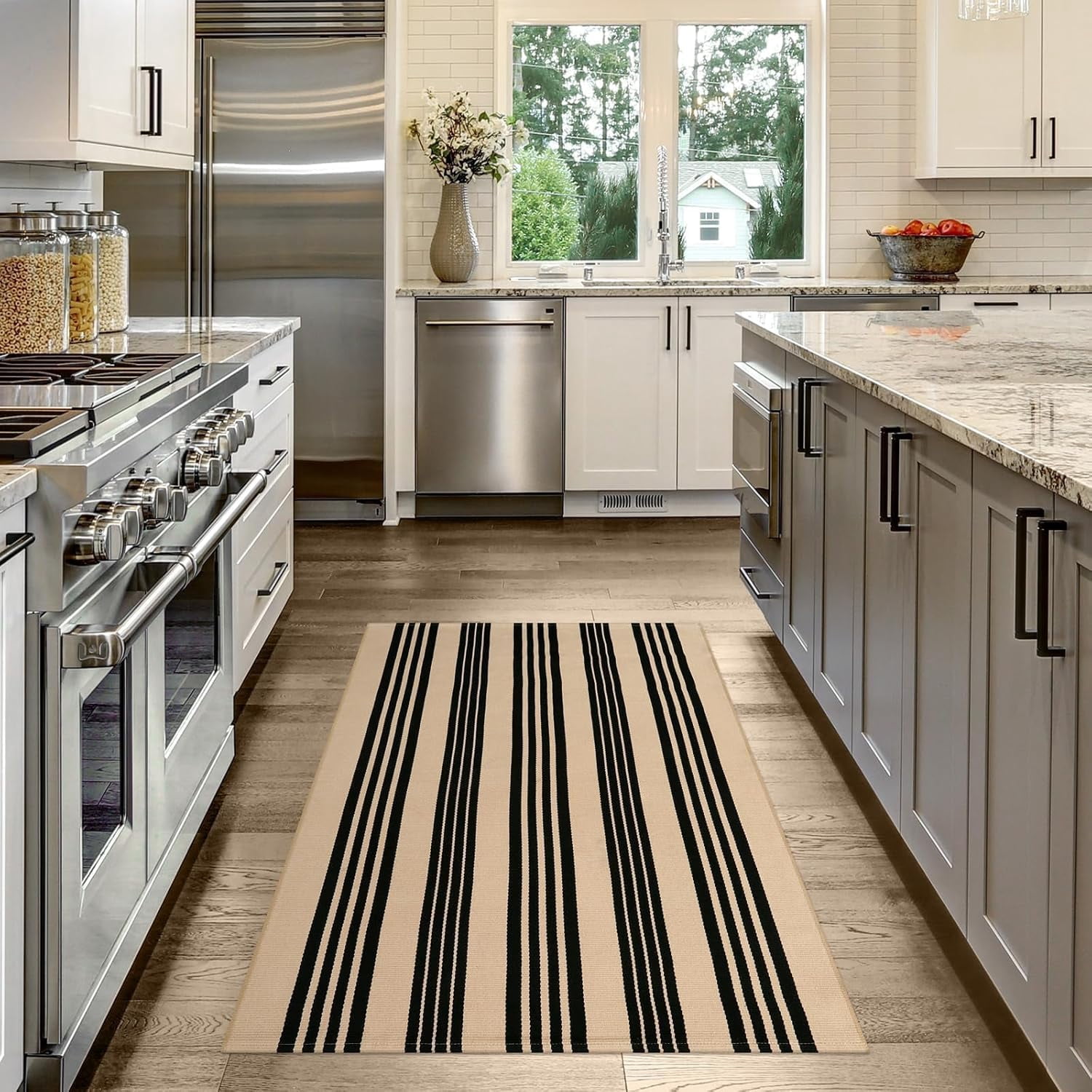 Xwl Outdoor Rug 3'x5', Black and Tan Area Rug Machine Washable Rugs Cotton Hand Woven Entry Rug Indoor Outdoor Striped Carpet for Front Porch/Deck/Backyard/Camping/Outdoor Decor