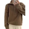 thumbnail image 3 of Women'S Sweaters Fall Winter Quarter Zip Long Sleeves Casual Ribbed Cable Knit Pullover Brown One size, 3 of 7