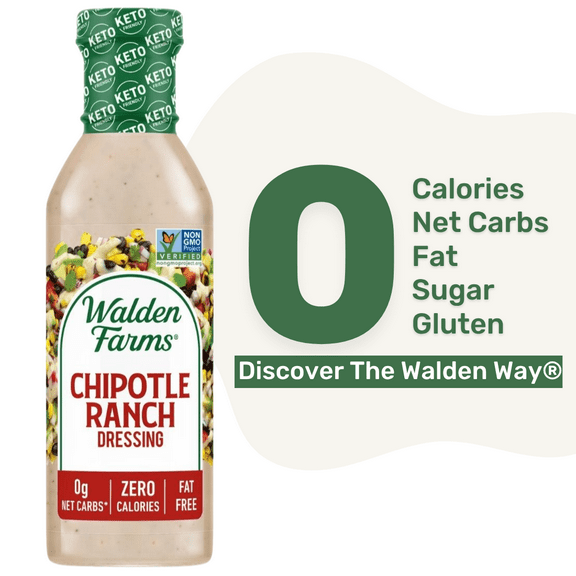 Walden Farms Chipotle Ranch Dressing, 12 oz. Bottle, Fresh and Delicious Salad Topping, Sugar Free 0g Net Carbs Condiment, Smooth and Creamy