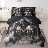 Manfei Spooky Halloween Skeleton 7 Pieces Bedding Comforter Set,Gothic Theme Full Bedding Set,Black Gray Fitted Sheet Flat Sheet For Boys Kids,Microfiber Bedroom Decor Reversible