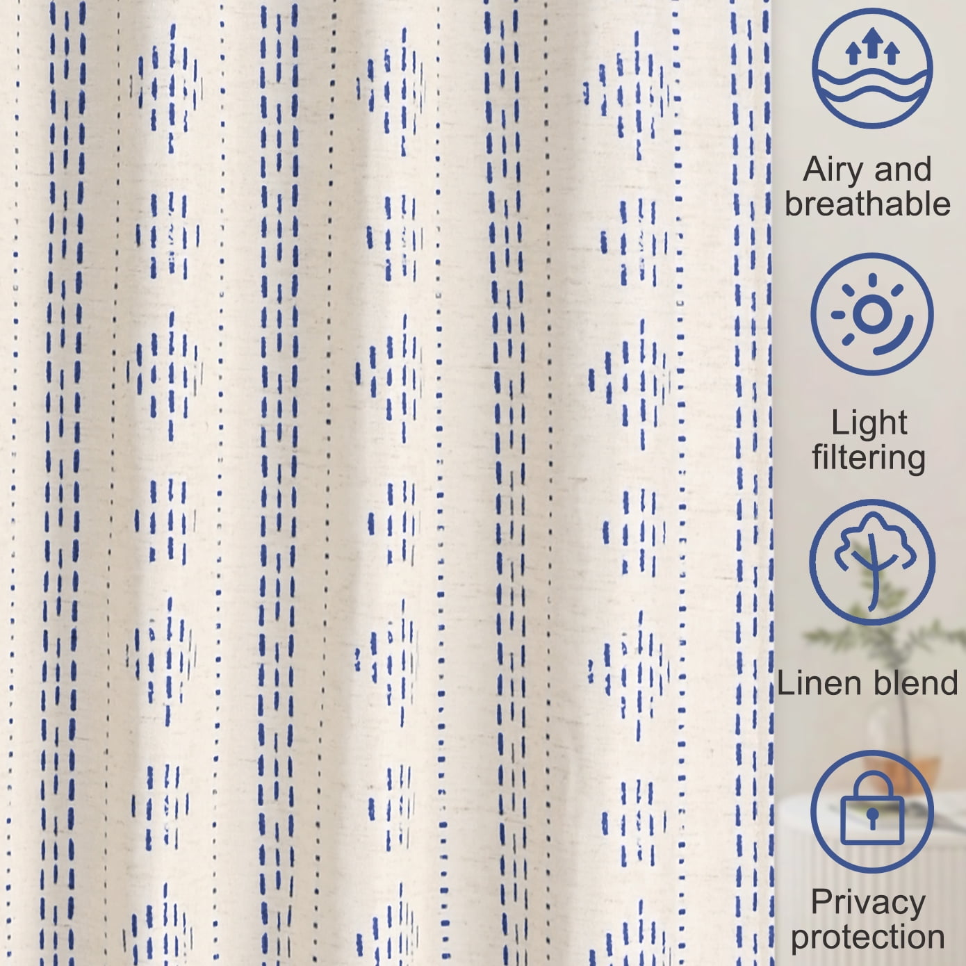 Alishomtll Boho Farmhouse Curtains Linen Light Filtering Blue Geometric Striped Window Drapes ,52"x84", 2 Panels