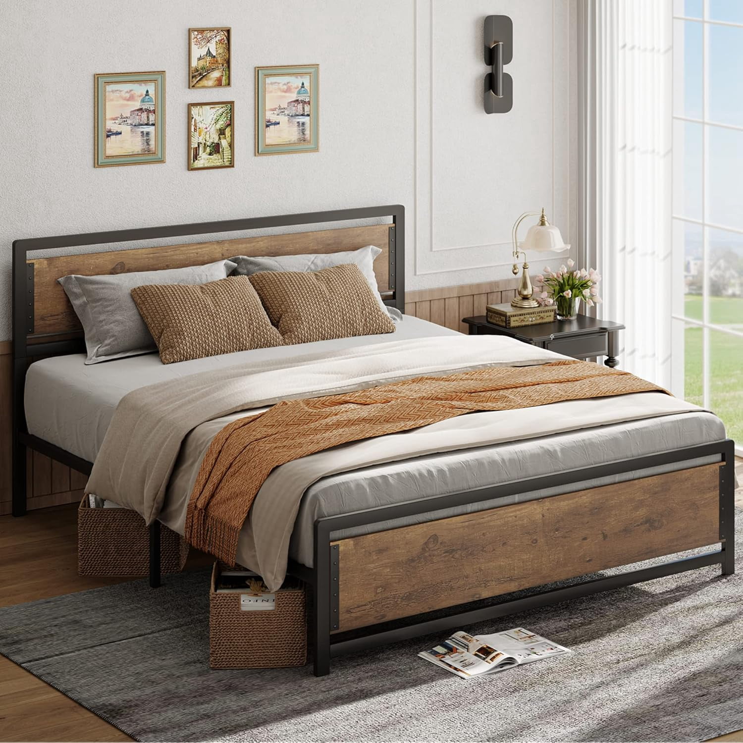 Queen Metal Bed Frame with Wooden Headboard, 15 Heavy Duty Slats, Large Under-Bed Storage, Noise-Free, No Box Spring Needed, Easy Assembly, Retro Rivet Design.