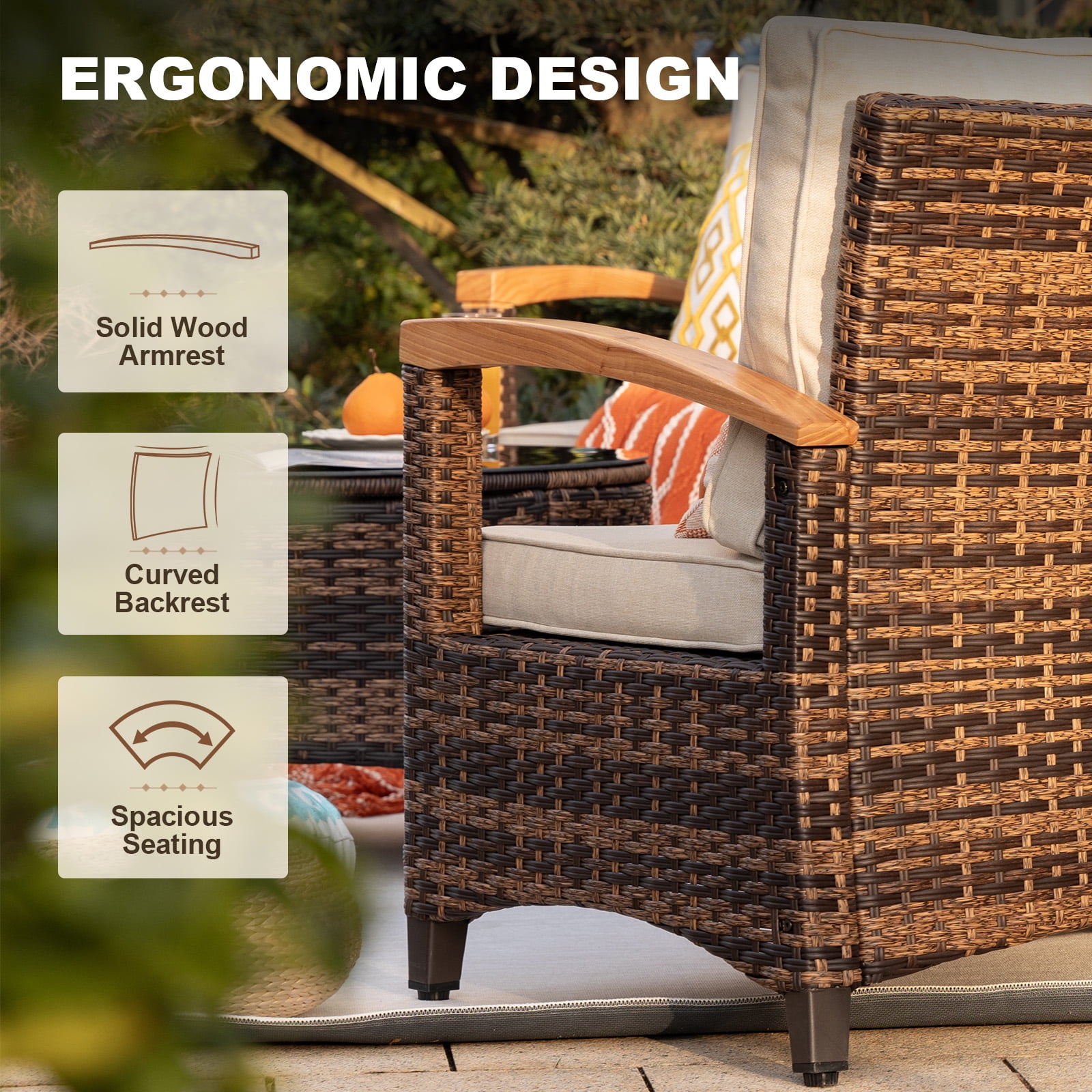 MEISSALIVVE 8 Piece Outdoor Patio Furniture Set, Half-Moon Curved Rattan Conversation Set with Wood Armrest, 2 Ottoman, Coffee Table & Side Table(Beige)