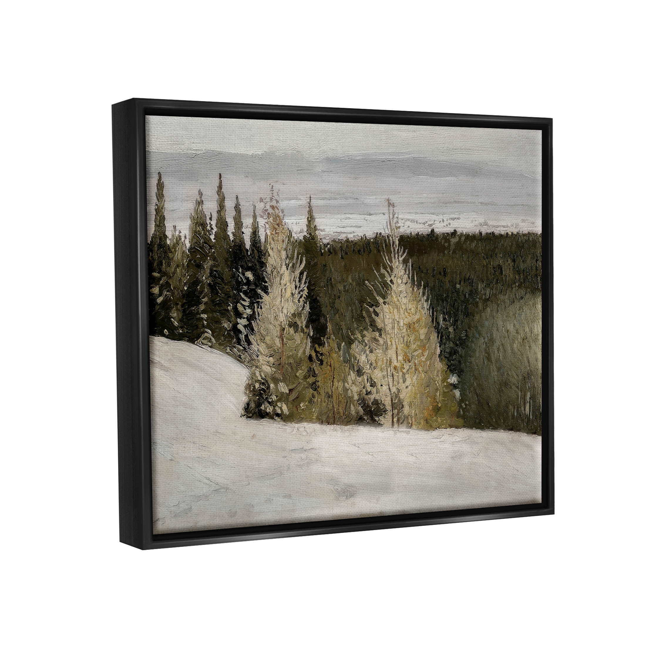 Snowy Slopes Woodland Nature Landscape Painting Jet Black Framed Art Print Wall Art