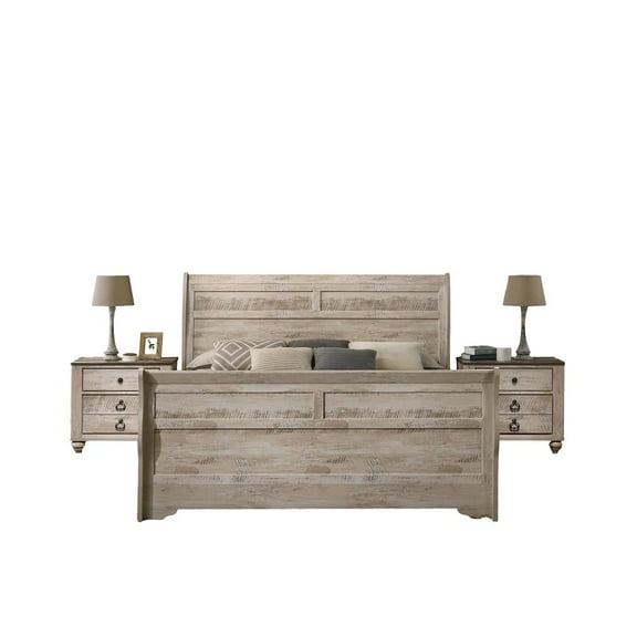 Roundhill Furniture White Wash Finish 3-Piece Bedroom Set-Sleigh Bed and Two Nightstands, King Size