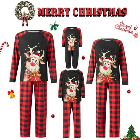 

Christmas Family Matching Pajamas Sets Elk Print Raglan Tops Plaid Pants Xmas Holiday Sleepwear Loungewear Jammies Pjs Outfit