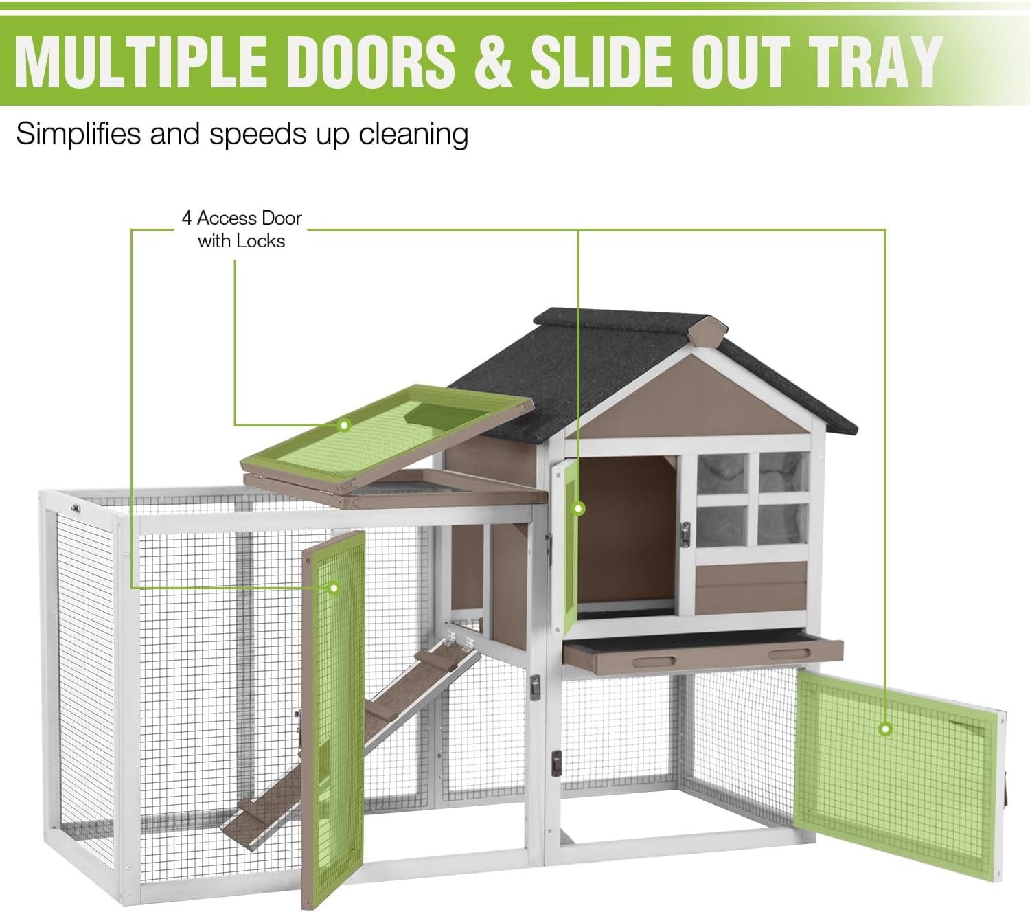 MEDEHOO Large Rabbit Hutch Indoor 2-Level Wooden Chicken Coop Outdoor Bunny Guinea Pig Cage with Run, Chew-Proof Ramp, Leak-Proof Pull Out Tray, Lockable Doors for Small Animals (Brown & White)