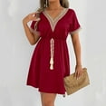 thumbnail image 6 of Daiosportswear Summer Boho Dress for Women'S Crochet Trim V Neck Waist Belt Tassel Short Sleeve Casual Dress,Women'S Short-Sleeved Dress Wine S(S), 6 of 6
