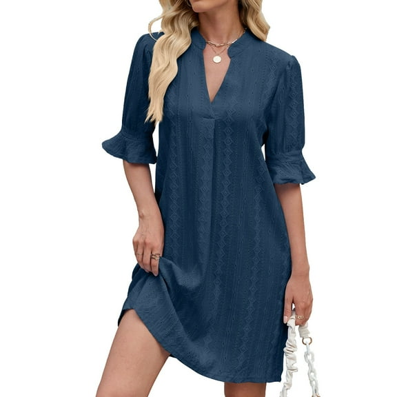 Floral Print Dress Women's Loose Casual Five Quarter Sleeve V-Neck Vacation Sundress for Summer Beach,Dark Blue L