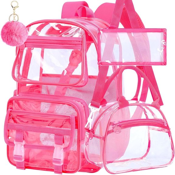 Clear Backpack Heavy Duty, 3PCS Girls See Through School Bag Set, Cute Transparent Bookbag for Women - Rose Red