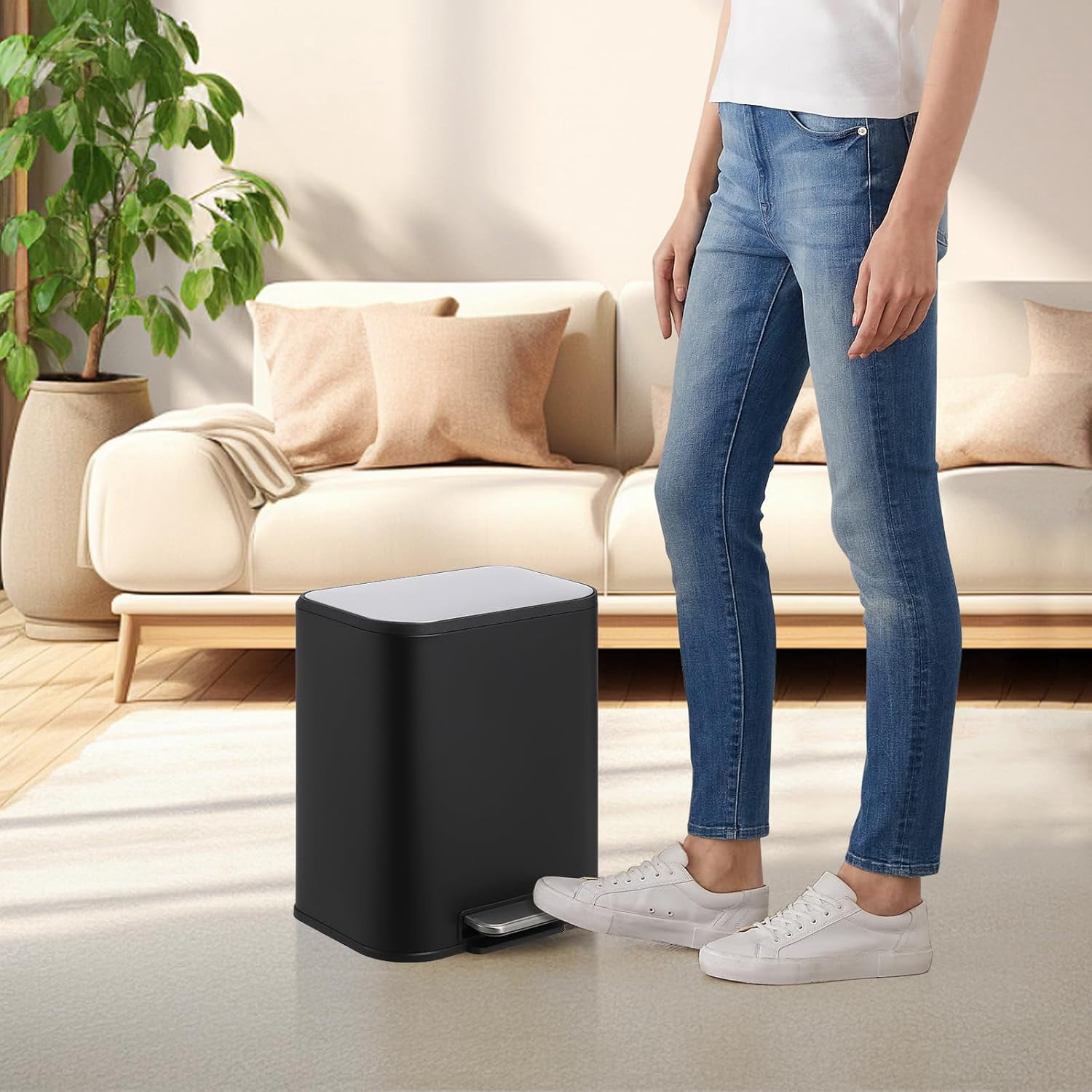 5.3 Gallon Bathroom Trash Can with Lid, Stainless Steel Foot Pedal Step Waste Bin, Removable Inner Bucket, Rectangular Small Garbage Can for Kitchen, Living Room, Black