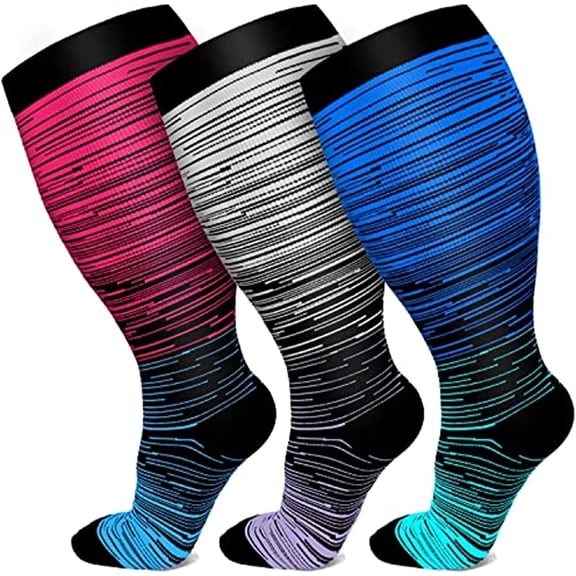 3 Pack Plus Size Compression Socks for Women & Men, 20-30mmHg Extra Wide Calf Knee High Stockings for Circulation Support(XXL)