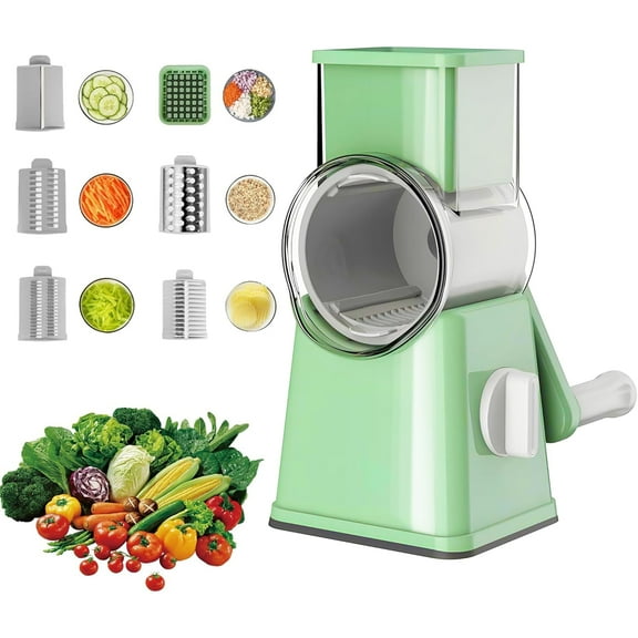 Rotary Cheese Grater with Handle - Vegetable Shredder with 5 Well-designed Blades & Strong Suction Base,Round Mandoline Slicer & Food Chopper for Kitchen,with Blade Storage Box(Retro Green)