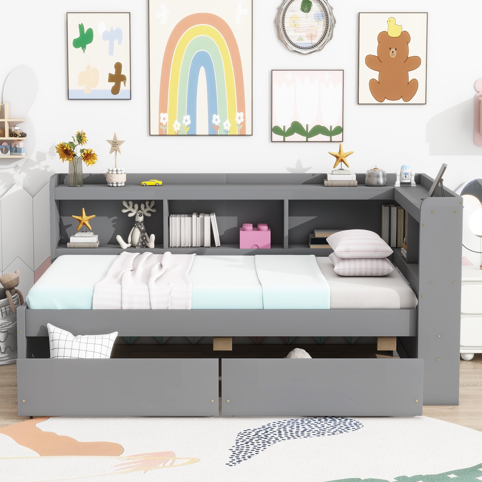 Leumius Twin Size L-shaped Bookcases Bed with Power Outlets, USB Charging Ports,Two Drawers,Grey