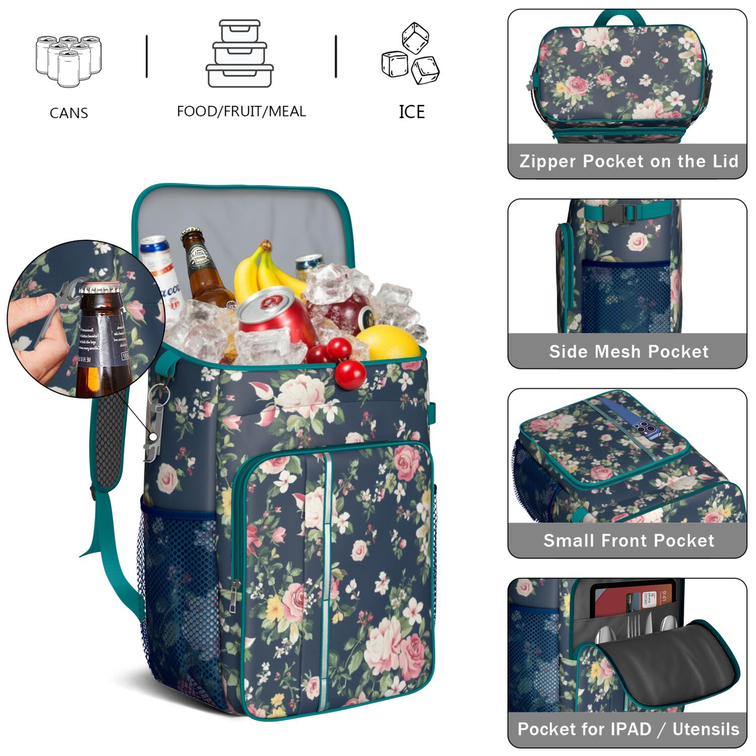 Travel Cooler Bag - Pioneer Flower Floral Print Pattern Camping Beer Cooler Backpack with Bottle Opener- Waterproof Insulated Picnic Backpacks - Cooler Bag for Beach