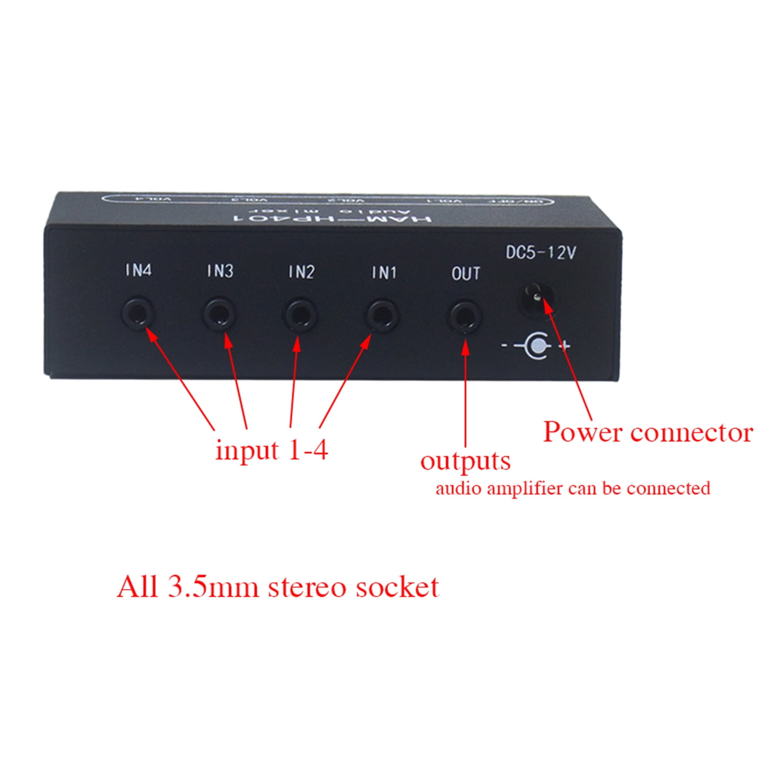 HEMLBOYW HP401 Stereo Auditory Mixer 4 Input 1 Output Individually Controls Board Sound Mixing Device Headphones Amplifier DC12V