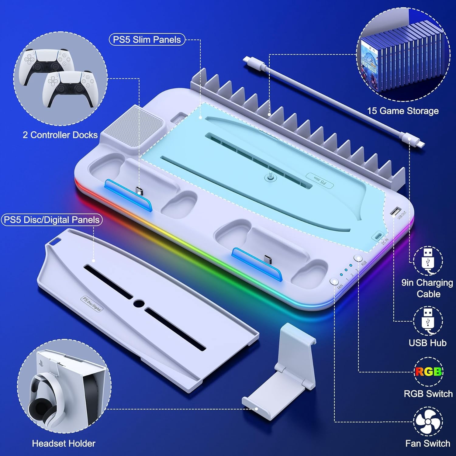 PS5 Slim Stand and Turbo Cooling Station with Controller Charging Station for Playsation 5, 3 Levels Cooling Fan, RGB Light, 15 Game Storage, Headset Holder for PS5 Digital/Disc