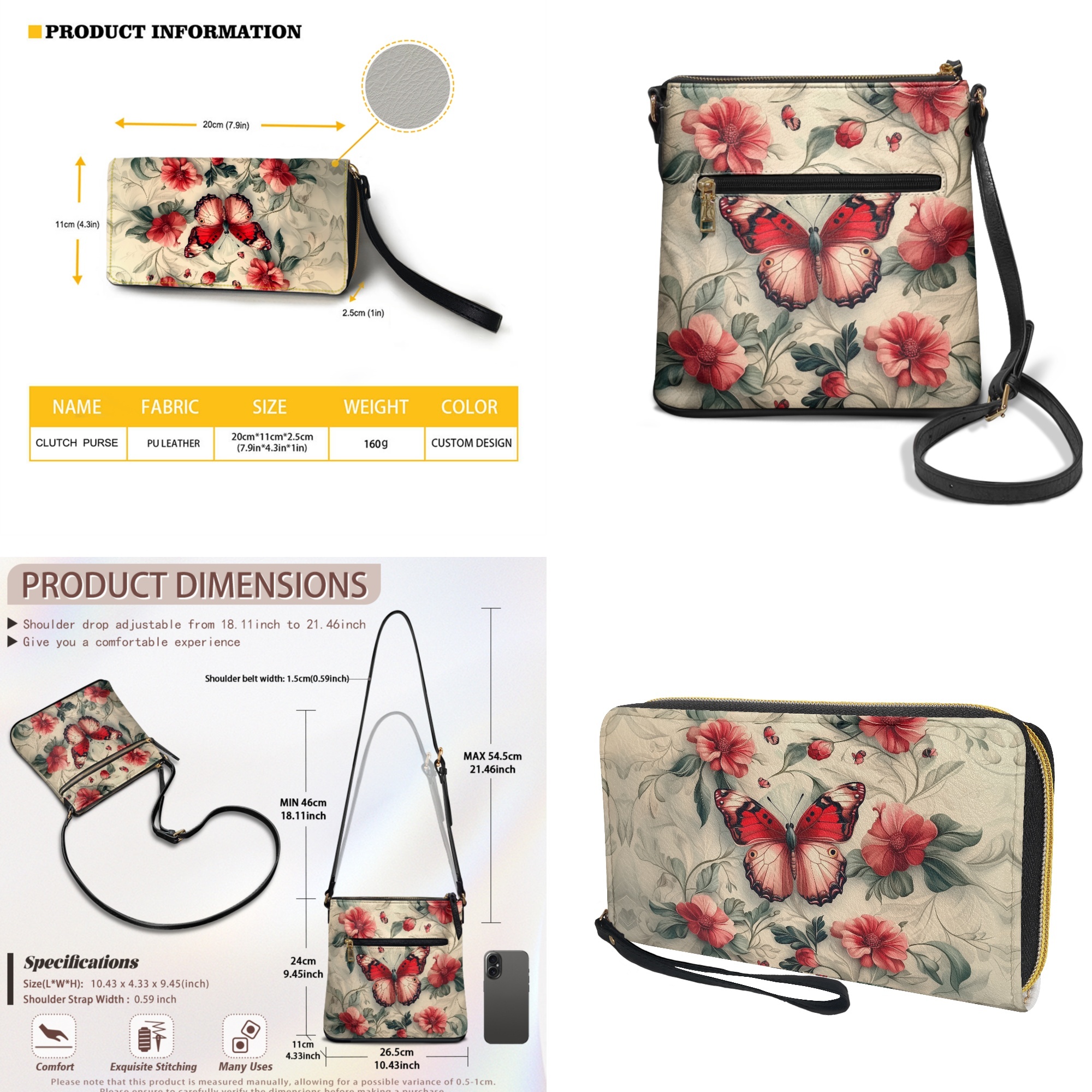 ZUXONGSY Butterfly Daisy Flower Print PU Leather Hobo Bag and Matching Wallet Set for Women, Stylish Crossbody Purse with Adjustable Strap, Ideal for Travel & Casual Use