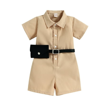

nsendm Top And Pants Kids Girl s School Style Jumpsuits Short Sleeve Button Down Elastic New Born Wrapping Blanket Beige 2-3 Years