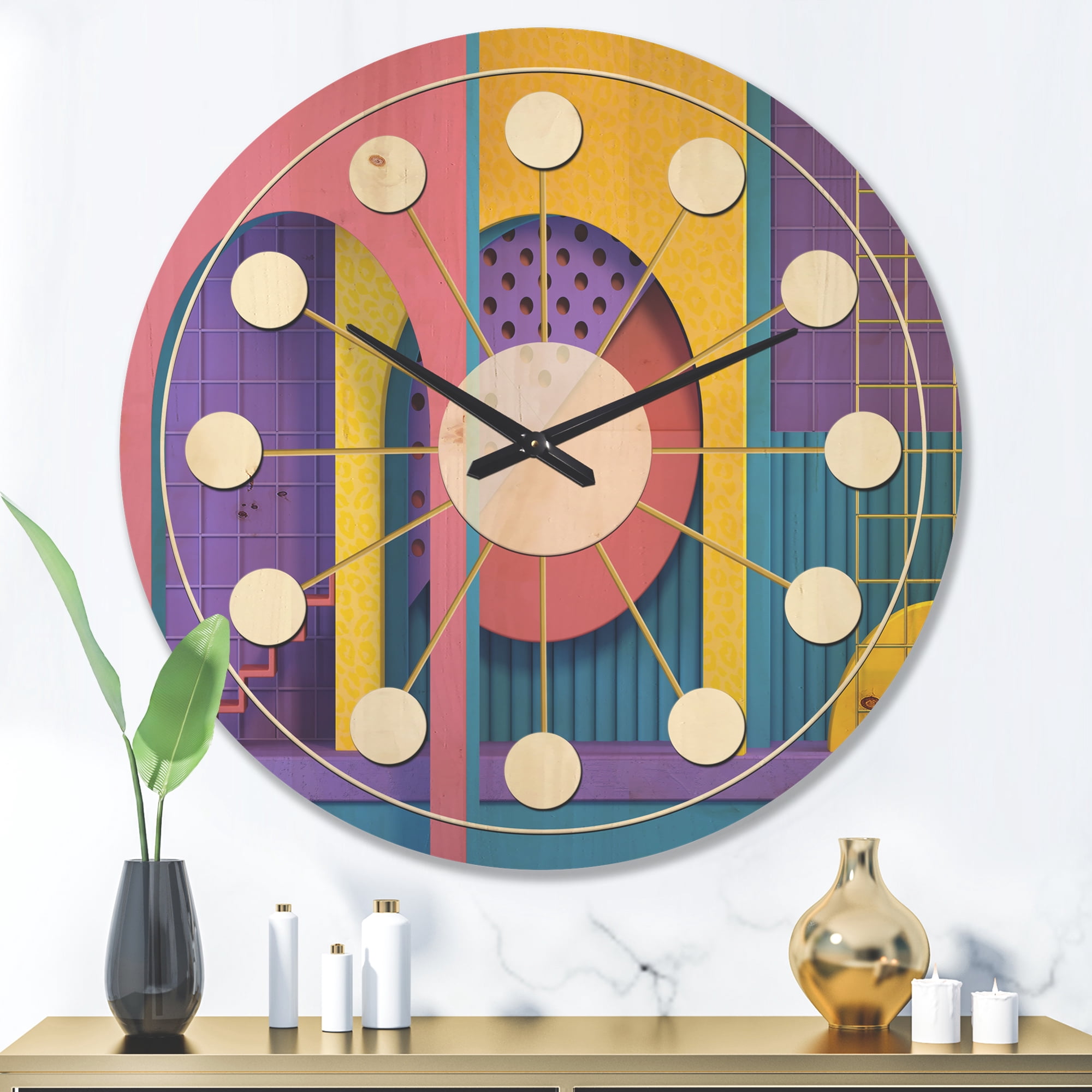 Designart 'Abstract Retro Geometric Architecture Pattern' Mid-Century Modern Wood Wall Clock