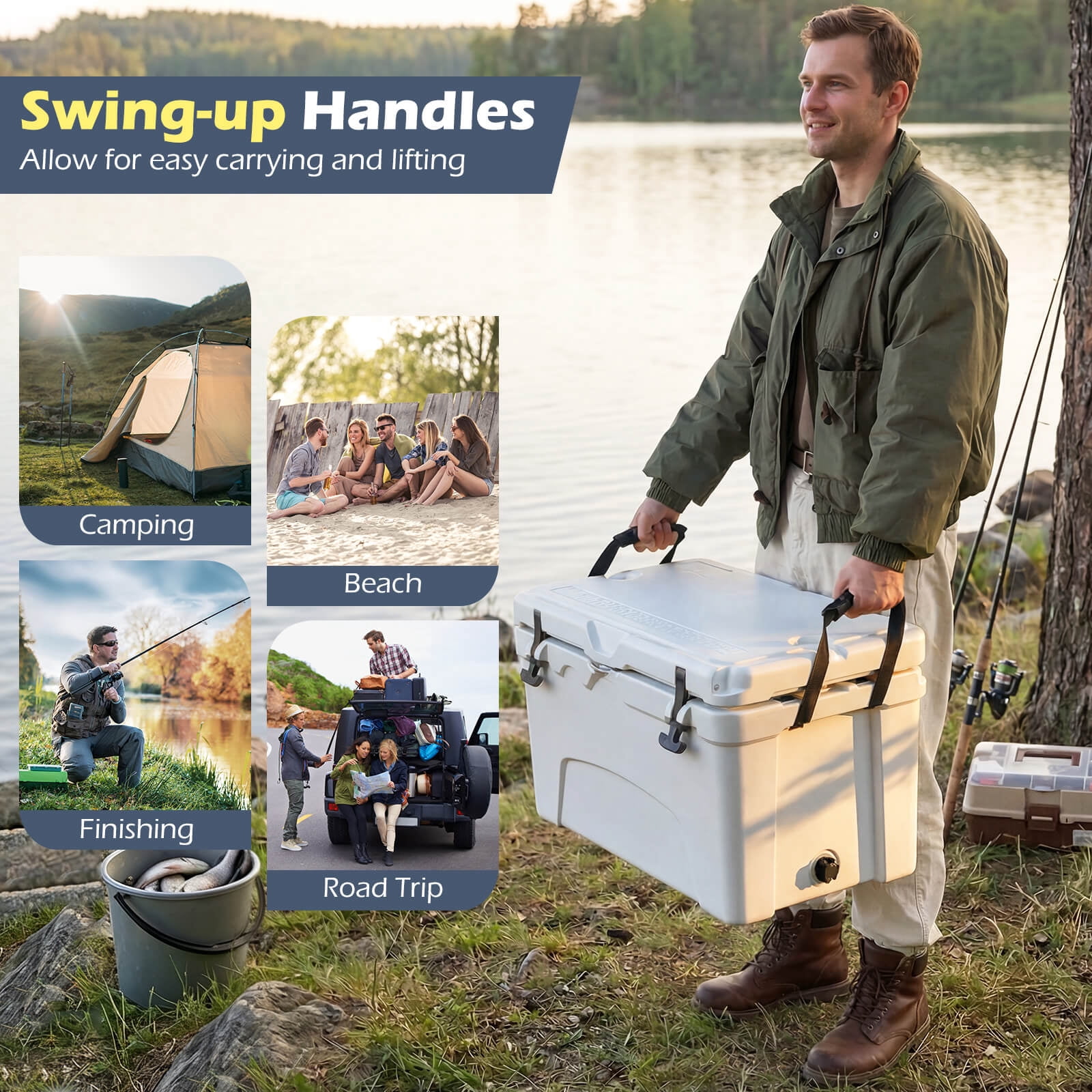 Costway 42.5 L Portable Hard Cooler with 2 Cup Holders,Ruler & Opener,cool for up to 6 Days White