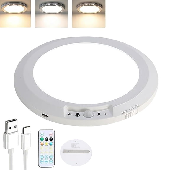 Rechargeable Motion Sensor Ceiling Light with Remote, Magnetic Wireless Ceiling Light Battery Powered, 3 Colors Dimmable Pot Light for Bedroom Shower Closet (with Remote Control)